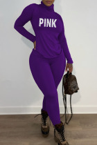 Purple Casual Print Patchwork Turtleneck Long Sleeve Two Pieces