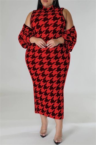 Red Casual Print Basic Half A Turtleneck Sleeveless Dress Plus Size Two Pieces