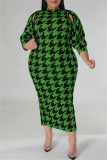 Green Casual Print Basic Half A Turtleneck Sleeveless Dress Plus Size Two Pieces