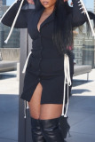 Black Sexy Solid Bandage Hollowed Out Patchwork Buckle Turn-back Collar One Step Skirt Dresses