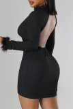 Black Sexy Solid Patchwork Feathers Backless Turtleneck Long Sleeve Dresses