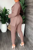 Pink Sexy Solid Bandage Patchwork Buttons Backless Turn-back Collar Long Sleeve Two Pieces