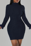 Royal Blue Sexy Solid Patchwork Feathers Backless Turtleneck Long Sleeve Dresses