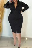 Black Casual Solid Patchwork Zipper V Neck Long Sleeve Plus Size Dresses