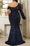 Deep Blue Sexy Formal Patchwork Sequins Backless Oblique Collar Evening Dress Plus Size Dresses