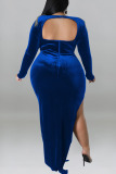 Blue Sexy Solid Patchwork Metal Accessories Decoration Slit O Neck Long Sleeve Plus Size Dresses
