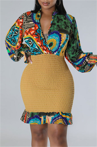 Yellow Sexy Not Positioning Printed Patchwork V Neck Long Sleeve Dresses