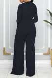 Black Casual Solid Patchwork O Neck Straight Jumpsuits