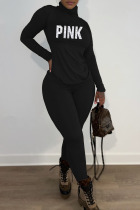 Black Casual Print Patchwork Turtleneck Long Sleeve Two Pieces
