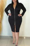 Black Casual Solid Patchwork Zipper V Neck Long Sleeve Plus Size Dresses