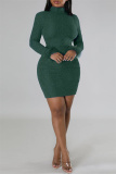 Green Sexy Solid Patchwork Feathers Backless Turtleneck Long Sleeve Dresses