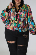 Multicolor Casual Print Patchwork Buckle Turndown Collar Plus Size Tops