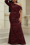 Burgundy Sexy Formal Patchwork Sequins Backless Oblique Collar Evening Dress Plus Size Dresses