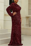 Burgundy Sexy Formal Patchwork Sequins Backless Oblique Collar Evening Dress Plus Size Dresses