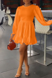 Orange Casual Solid Patchwork Frenulum Fold O Neck A Line Dresses