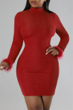 Red Sexy Solid Patchwork Feathers Backless Turtleneck Long Sleeve Dresses