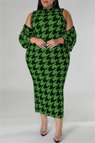 Green Casual Print Basic Half A Turtleneck Sleeveless Dress Plus Size Two Pieces