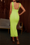 Fluorescent Green Sexy Formal Solid Patchwork V Neck Sleeveless Dress