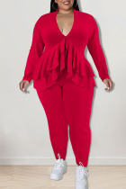 Red Casual Solid Patchwork Flounce Asymmetrical V Neck Plus Size Two Pieces