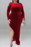 Deep Red Sexy Solid Patchwork Metal Accessories Decoration Slit O Neck Long Sleeve Plus Size Dresses