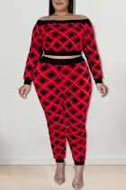 Red Sexy Print Patchwork Off the Shoulder Plus Size Two Pieces