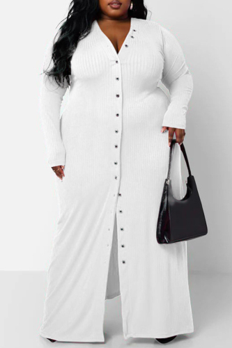 White Casual Solid Patchwork V Neck Long Sleeve Plus Size Dresses