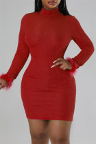Red Sexy Solid Patchwork Feathers Backless Turtleneck Long Sleeve Dresses