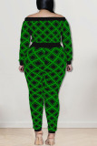 Green Sexy Print Patchwork Off the Shoulder Plus Size Two Pieces