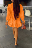 Orange Casual Solid Patchwork Frenulum Fold O Neck A Line Dresses