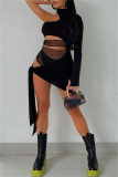 Black Sexy Solid Bandage Hollowed Out Patchwork Turtleneck Long Sleeve Dresses
