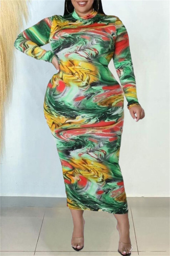 Green Casual Print Patchwork Half A Turtleneck Long Sleeve Plus Size Dresses