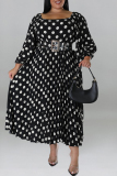 Purple Casual Dot Print Patchwork Backless O Neck Long Sleeve Plus Size Dresses (Without Belt)