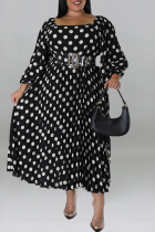 Black Casual Dot Print Patchwork Backless O Neck Long Sleeve Plus Size Dresses (Without Belt)
