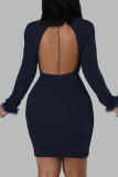 Royal Blue Sexy Solid Patchwork Feathers Backless Turtleneck Long Sleeve Dresses