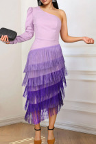 Purple Elegant Solid Tassel Patchwork Oblique Collar Evening Dress Dresses