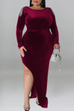 Red Sexy Solid Patchwork Metal Accessories Decoration Slit O Neck Long Sleeve Plus Size Dresses