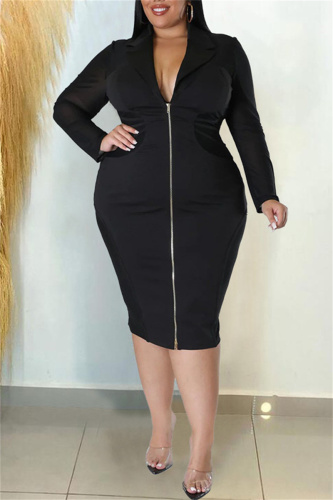 Black Formal Office Lady Evening Party Prom Zipper V Neck Long Sleeve Plus Size Bodycon Midi Dresses