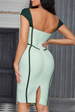 Light Green Sexy Formal Solid Patchwork Backless Square Collar One Step Skirt Dresses