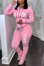 Pink Casual Sportswear Print Patchwork Hooded Collar Plus Size Two Pieces