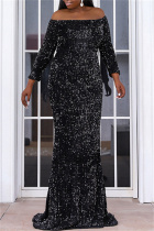 Black Sexy Formal Patchwork Sequins Off the Shoulder Long Sleeve Plus Size Dresses
