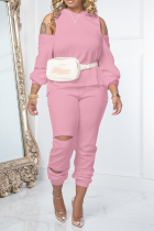 Pink Casual Solid Ripped Hooded Collar Long Sleeve Two Pieces