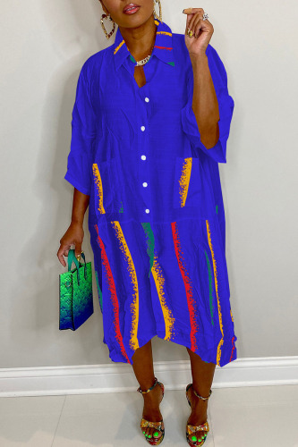 Blue Casual Print Patchwork Buckle Turndown Collar Shirt Dress Dresses