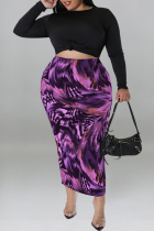 Purple Casual Print Patchwork O Neck Plus Size Two Pieces