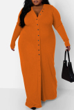 Orange Casual Solid Patchwork V Neck Long Sleeve Plus Size Dresses