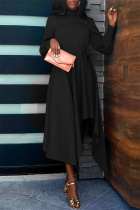 Black Casual Solid Patchwork Asymmetrical Turtleneck Long Sleeve Dresses