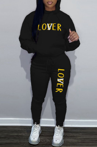 Black Casual Letter Print Patchwork Hooded Collar Long Sleeve Two Pieces