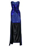 Blue Fashion Sexy Patchwork Hot Drilling Backless Fold Strapless Sleeveless Dress
