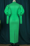 Green Elegant Solid Hollowed Out Patchwork Half A Turtleneck Pencil Skirt Dresses