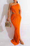 Orange Sexy Solid Hollowed Out Slit Oblique Collar Sleeveless Dress Dresses
