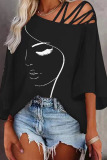 Black Casual Print Hollowed Out Patchwork Oblique Collar T-Shirts